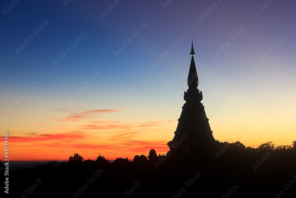 silhouette pagoda in Doi Inthanon national park of Thailand.