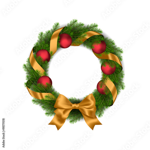 Green Christmas wreath with yellow ribbon and red Christmas balls