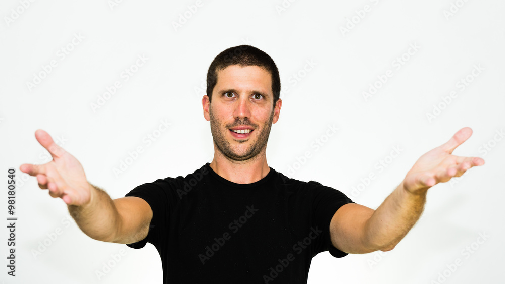 You are welcome! Close-up of young caucasian man smiling with arms up - isolated on white background You are welcome! Close-up of young caucasian man smiling with arms up - isolated on white background