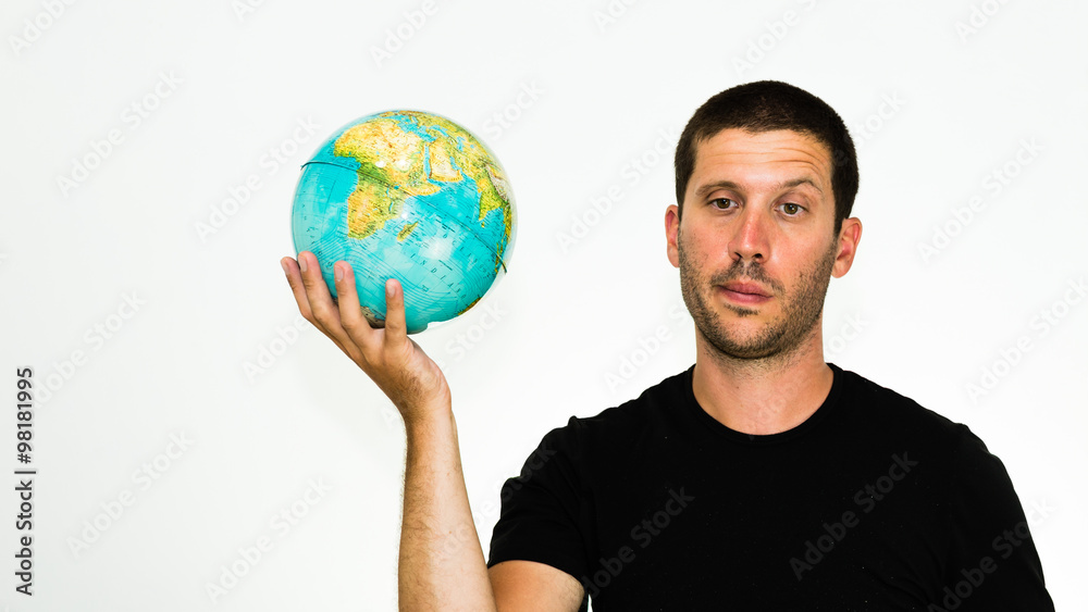 close-up of disheartened caucasian man holding a world globe in his hand - conceptual image isolated on white background with copyspace close-up of disheartened caucasian man holding a world globe in his hand - conceptual image isolated on white background with copyspace