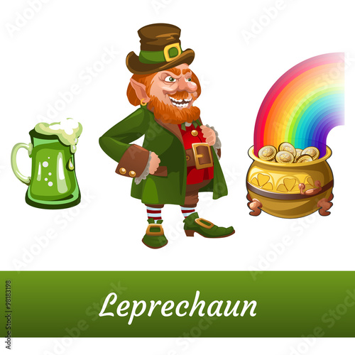 Classic leprechaun with mug beer and pot of gold coins