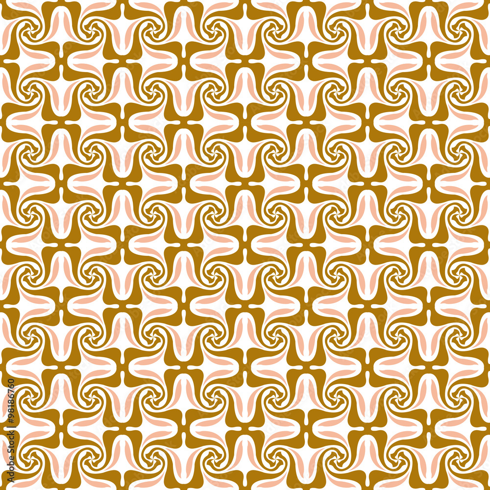 Seamless background image of vintage gold pink spiral kaleidoscope pattern.
