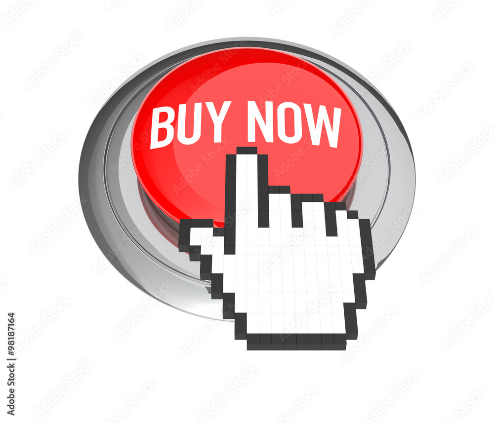 Mouse Hand Cursor on Red Buy Now Button. 3D Illustration. Mouse Hand Cursor on Red Buy Now Button. 3D Illustration.