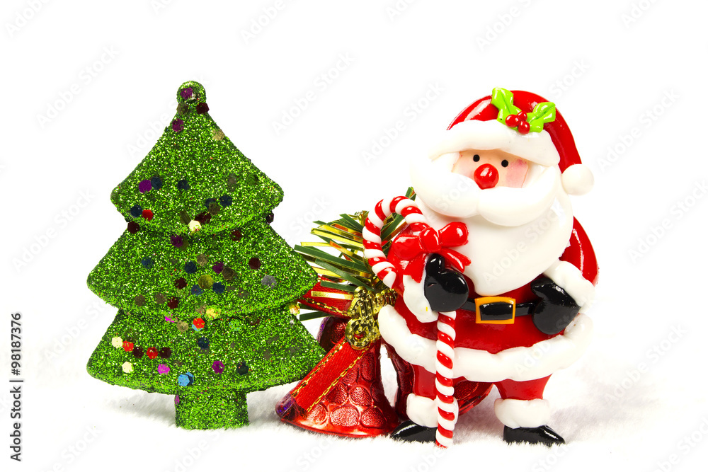 Chirstmas tree, bell, santa claus on white background