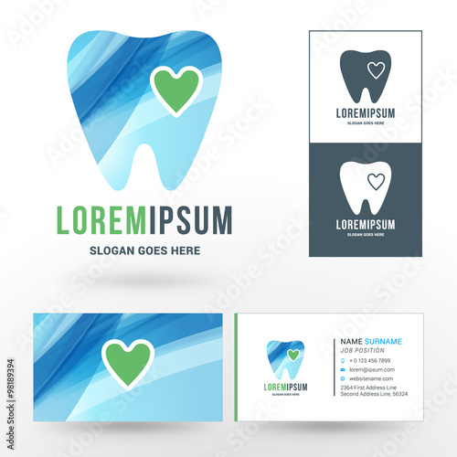 Vector Logo Template. Silhouettes of Tooth with Abstract Blue Waves and Green Heart. Logo for Dental Clinic