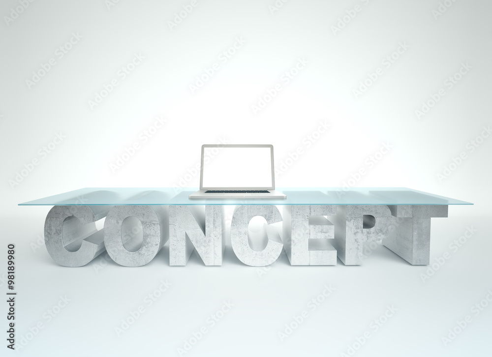 Open laptop on empty glass table with a base made of concrete CONCEPT. Business concept Open laptop on empty glass table with a base made of concrete CONCEPT. Business concept