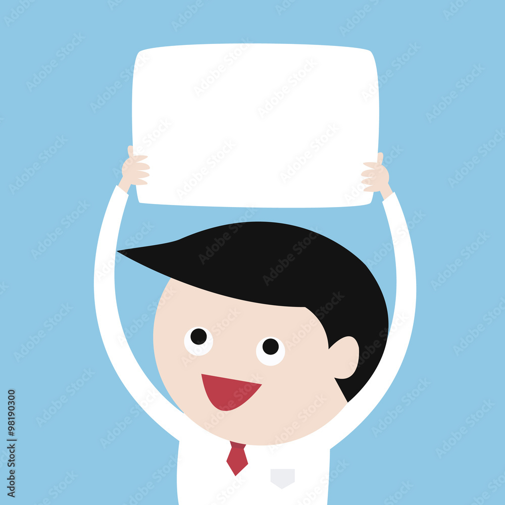 Businessman holding big blank paper over head, flat design, vect Businessman holding big blank paper over head, flat design, vect