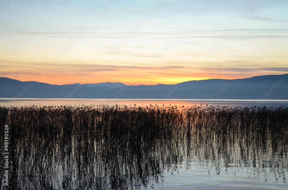 Sunset over lake ohrid, macedonia