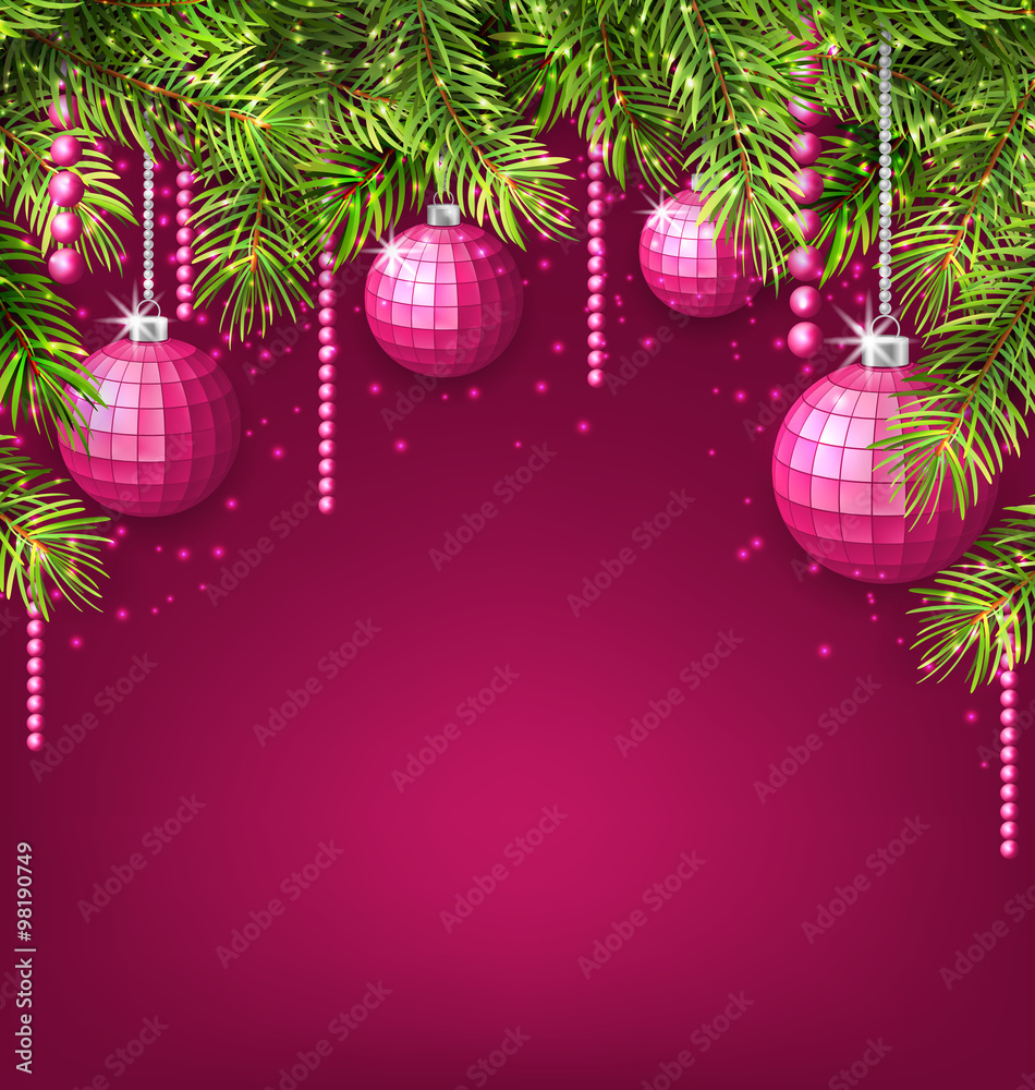Pink Wallpaper with Fir Twigs and Glassy Balls Pink Wallpaper with Fir Twigs and Glassy Balls