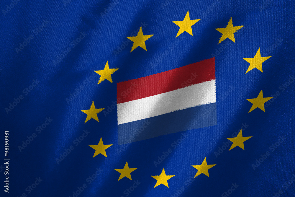 Netherland flag in EU flag on fabric Netherland flag in EU flag on fabric