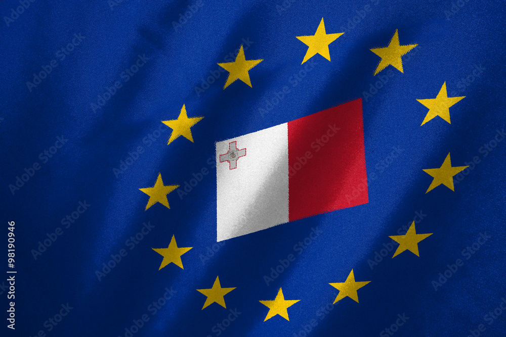 Malta flag in EU flag on fabric Malta flag in EU flag on fabric
