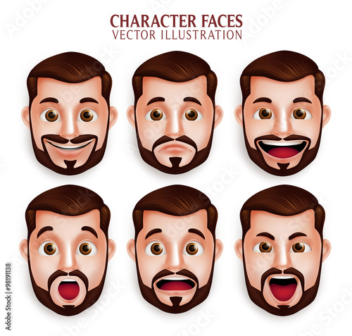 Set of 3D Realistic Beard Man Head with Different Facial Expression Isolated in White Background. Vector Illustration
