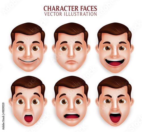 Set of 3D Realistic Handsome Man Head with Different Facial Expression Isolated in White Background. Vector Illustration
