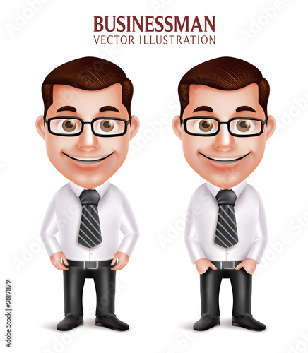Set of 3D Realistic Professional Business Man Character Happy Smiling Isolated in White Background. Vector Illustration

