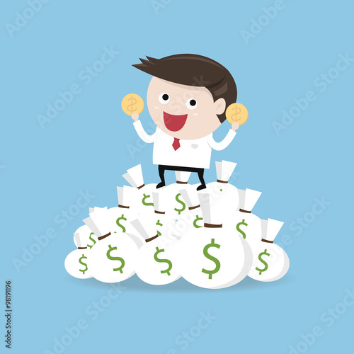 illustration of cartoon businessman on pile of money cash