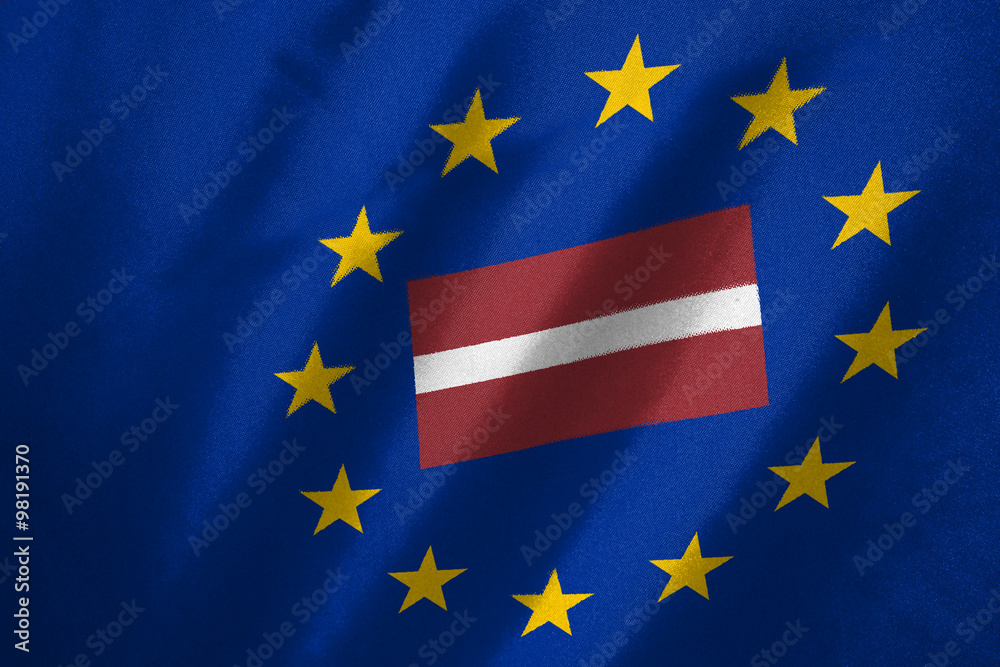 Latvia flag in EU flag on fabric