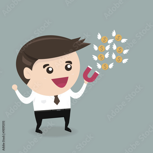Businessman hold magnet attracting money, flat design, business