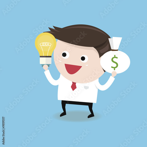 Business man balancing idea and money, flat design