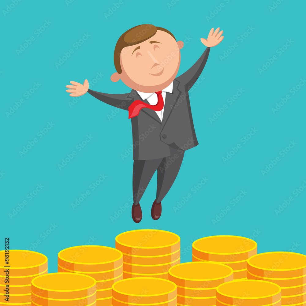 Contented businessman is jumping above gold coins Contented businessman is jumping above gold coins
