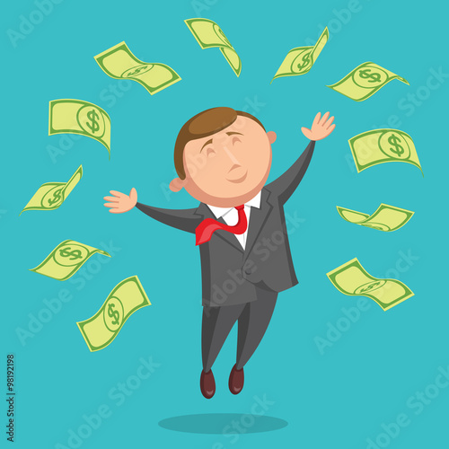 Contented businessman is jumping among the dollars