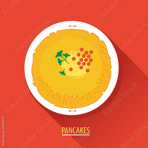 Russian pancakes with red caviar on a white plate