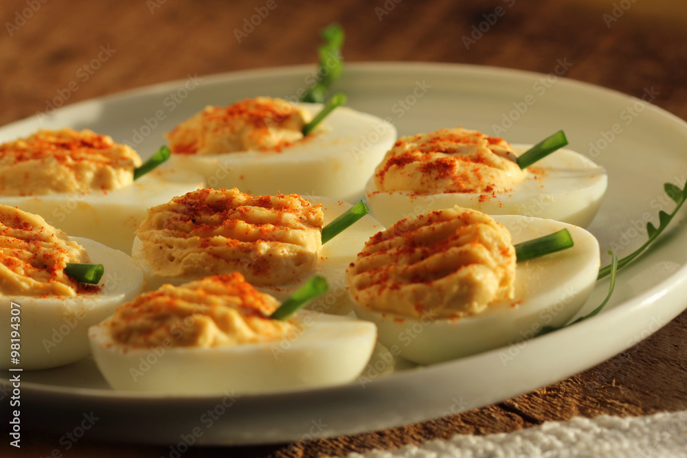 deviled eggs  with red pepper