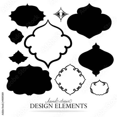 vector design elements in fancy decorative shaped frames. Blank collection of label shapes or frames. Hand drawn illustrations in black ink.