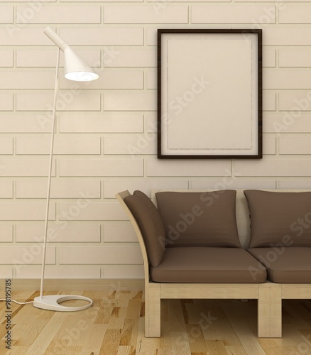 Empty picture frames in classic interior entrance background on the decorative brick wall with wooden floor. Copy space image. 3d render