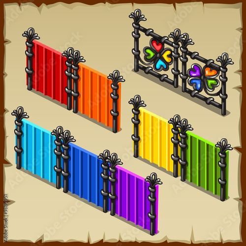 Colorful set of fences with forged elements, four items