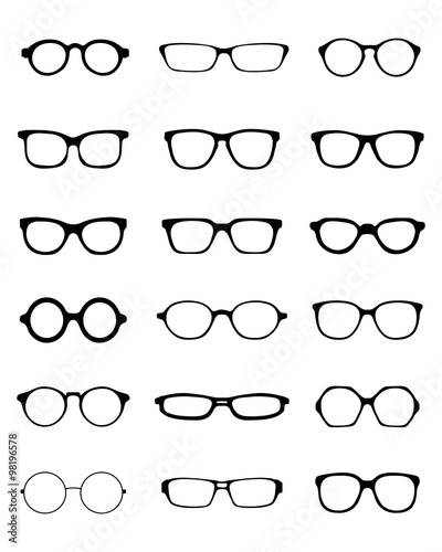 Black silhouettes of fifteen different eyeglasses, vector