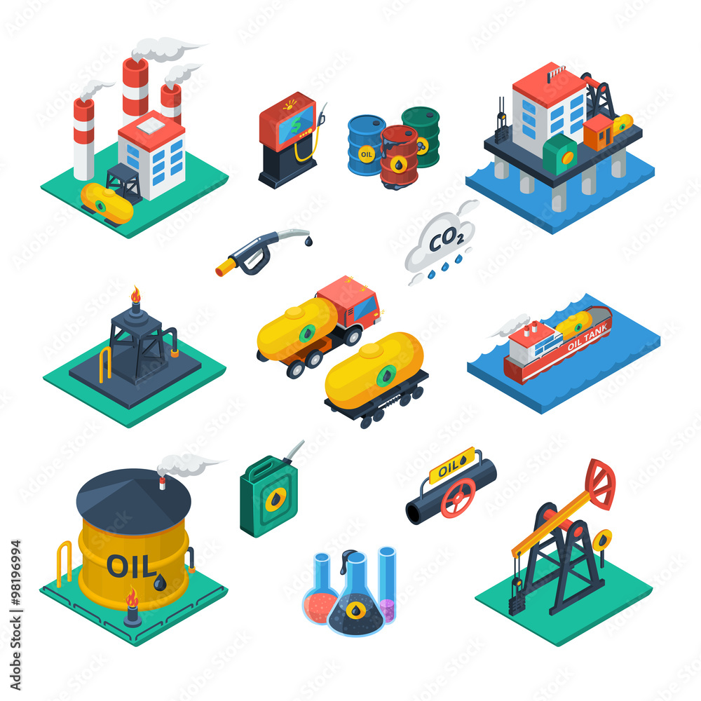 Naklejka premium Oil Industry Isometric Icons Set