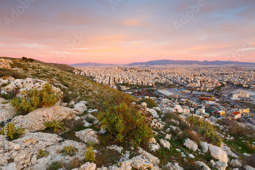 View of Piraeus harbour in Athens from the foothills of Aegaleo mountains