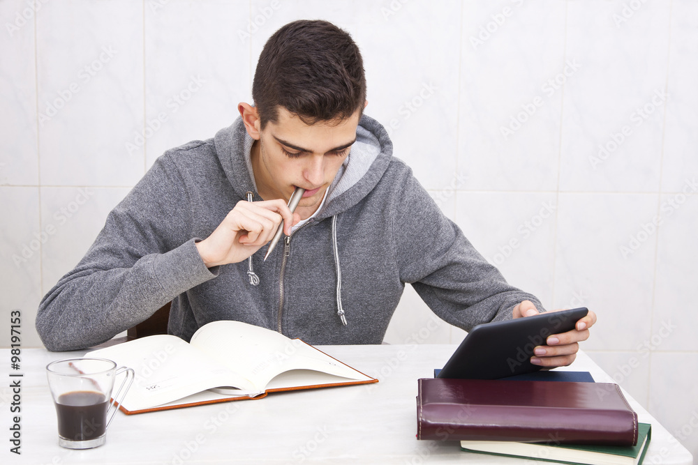 young man studying at home, lifestyle young man studying at home, lifestyle