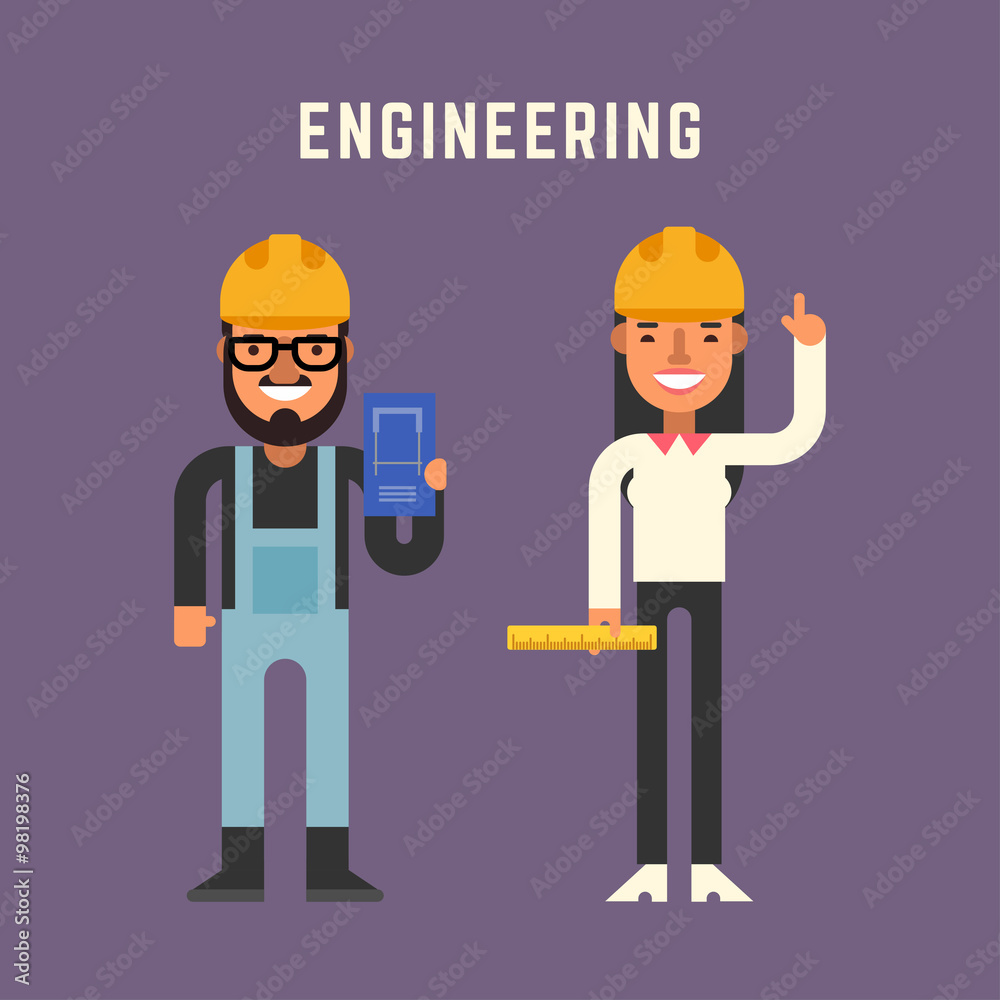 Engineering Concept. Male and Female Cartoon Characters. Flat Design Vector Illustration