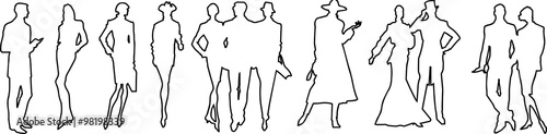 Set of silhouettes of the men in black color, in white color, contours of silhouettes. AI8,PS5