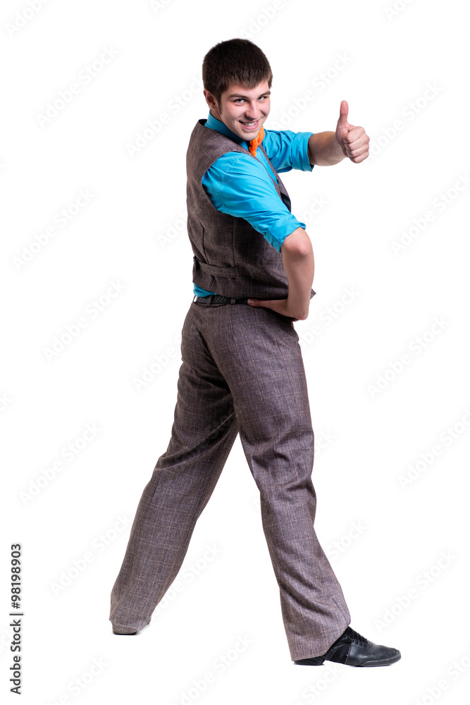 Disco dancer showing some movements against isolated white Disco dancer showing some movements against isolated white
