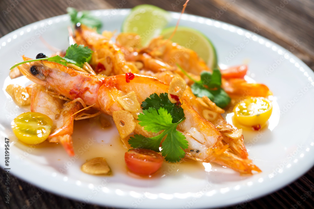 Roasted shrimps with garlic, olive oil and lime Roasted shrimps with garlic, olive oil and lime