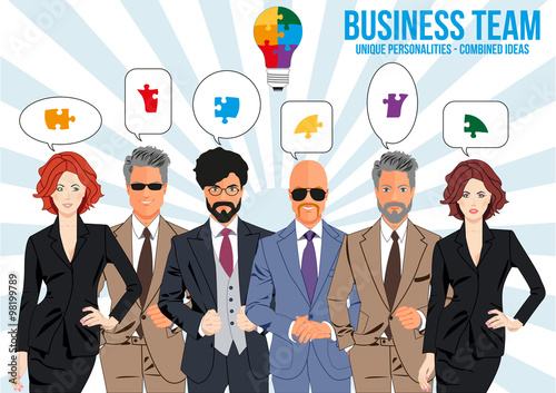 Teamwork design concept - team of business professionals working together and sharing ideas to find common solution. Together they are able to achieve more ambitious goals