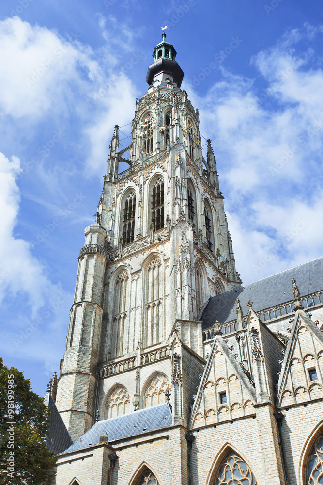 Ornate tower of cathedral at the Old Market in Breda, The Netherlands.