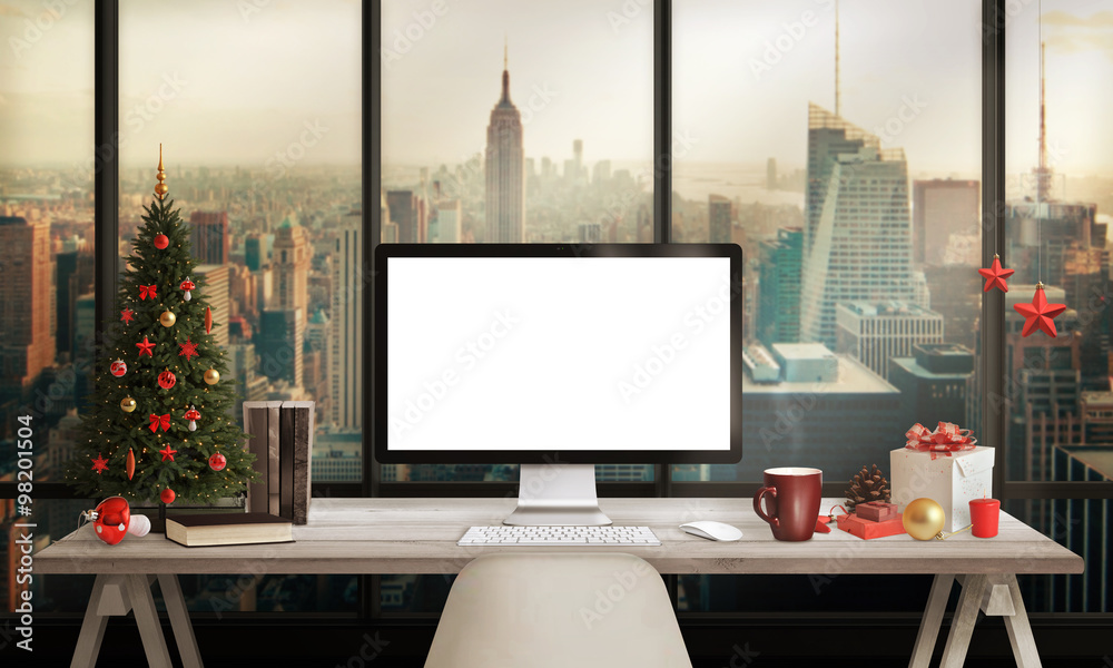 Computer display on table in office with view on the city skyscrapers  business zone in Christmas time. Christmas tree, gifts, decorations in  background. Stock Illustration | Adobe Stock