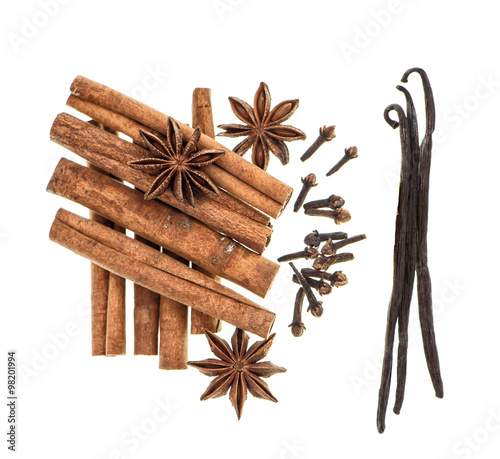 Spices cinnamon, star anise, cloves, vanilla. Christmas food ing photo