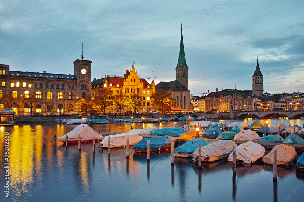 Night photo of Zurich and Limmat River, Switzerland