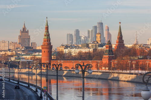 Moscow winter morning. View from Moscow River bridge on the river and the Kremlin, in the direction of high-rise buildings Ministry of Foreign Affairs and skyscrapers of Moscow-City