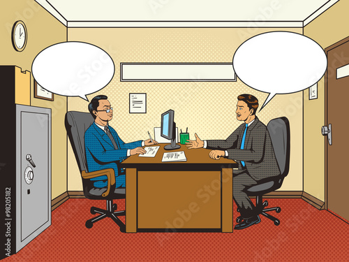 Men in office talk pop art retro style vector