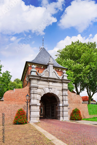 Unique gate in brick ancient citywall, Veerpoort, Schoonhoven, Netherlands