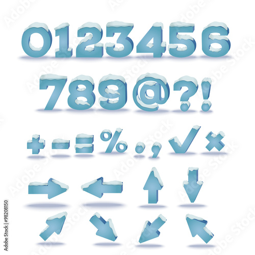 Winter alphabet with snow cap effect. Part 2. Numbers, symbols and arrows. EPS 10 vector illustration, transparent shadow