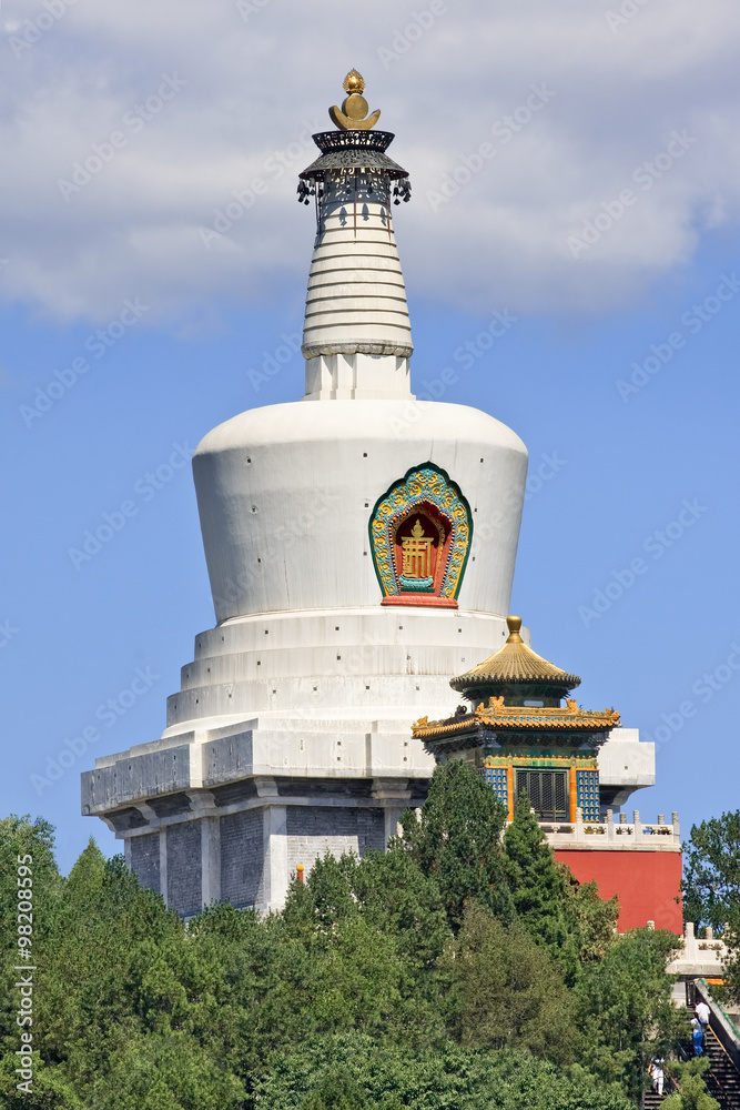 Majestic Tibetan stupa against a blue sky, Beihai Park, Beijing, China