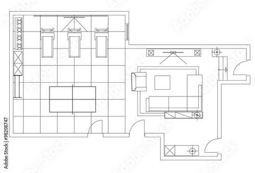 Standard furniture symbols used in architecture plans icons set, graphic design elements,home planning icon set.Home fitness center with a restroom.