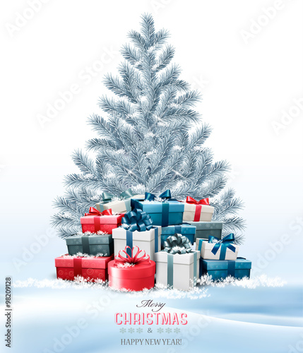 Christmas tree with presents background. Vector