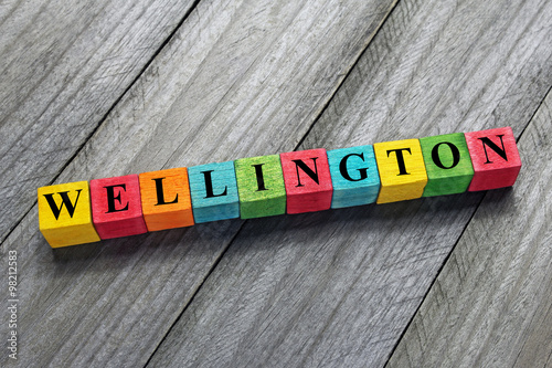 Wellington text on colorful wooden cubes